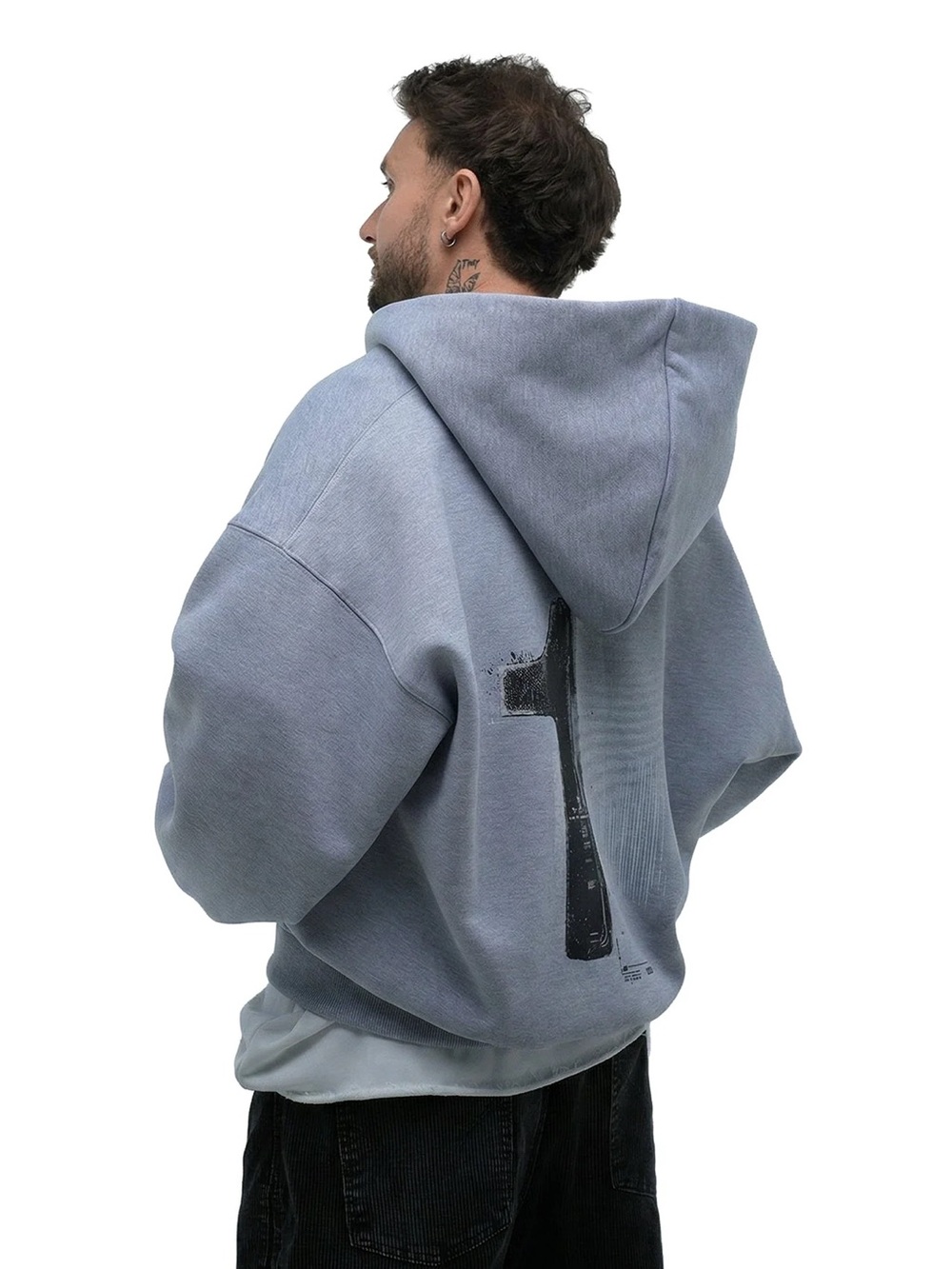 Men's Zip-Up Sweater Hoodie in Light Gray with Back Cross Detail